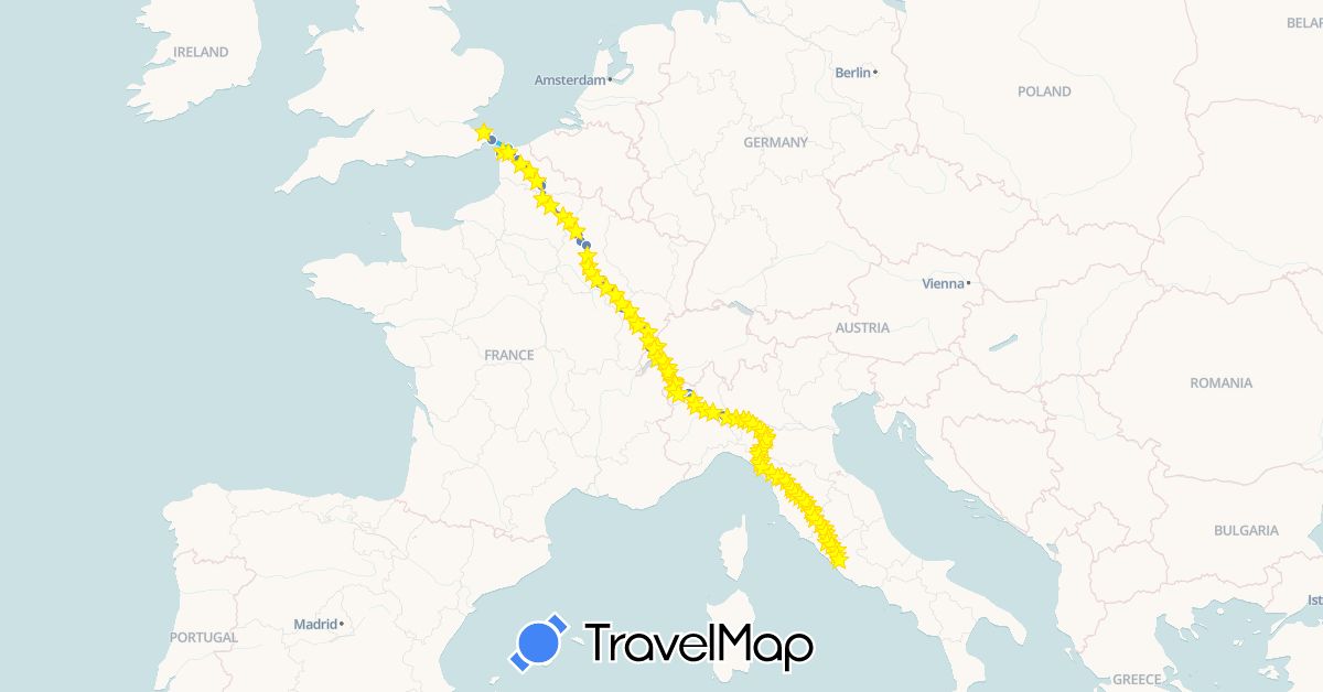 TravelMap itinerary: driving, cycling, boat in Switzerland, France, United Kingdom, Italy, Vatican City (Europe)